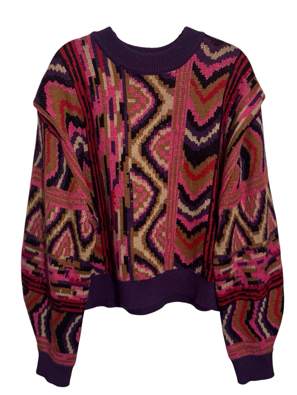 Farm Rio Large Red Stripes Patches Sweater Boho Colorful Pullover Chunky Knit